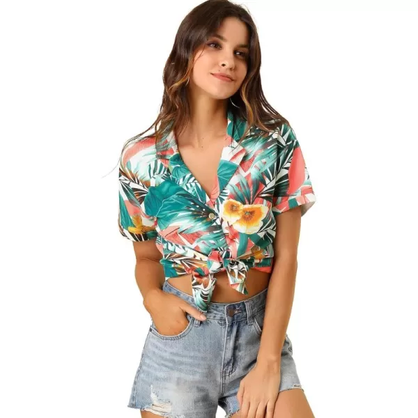 Allegra K Women's Hawaiian Shirt Floral Leaves Printed Short Sleeve Top Button Down Shirt