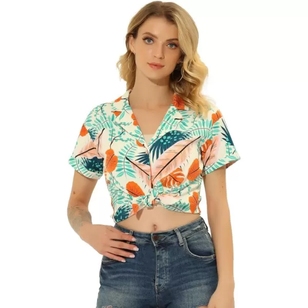 Allegra K Women's Hawaiian Shirt Floral Leaves Printed Short Sleeve Top Button Down Shirt