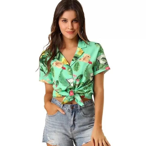 Allegra K Women's Hawaiian Shirt Floral Leaves Printed Short Sleeve Top Button Down Shirt