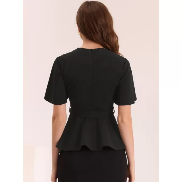 Allegra K Peplum Blouse for Women's Round Neck Bell Sleeve Belted Waist Office Work Tops