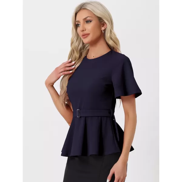 Allegra K Peplum Blouse for Women's Round Neck Bell Sleeve Belted Waist Office Work Tops