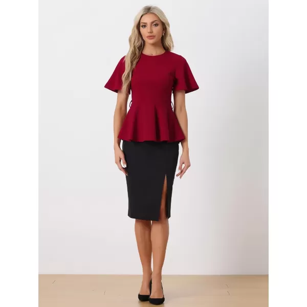 Allegra K Peplum Blouse for Women's Round Neck Bell Sleeve Belted Waist Office Work Tops