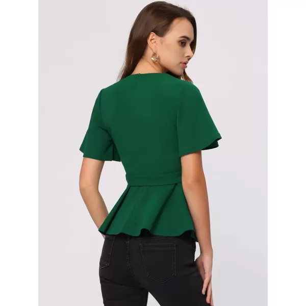 Allegra K Peplum Blouse for Women's Round Neck Bell Sleeve Belted Waist Office Work Tops