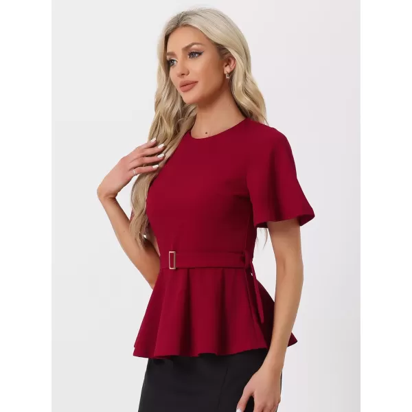 Allegra K Peplum Blouse for Women's Round Neck Bell Sleeve Belted Waist Office Work Tops