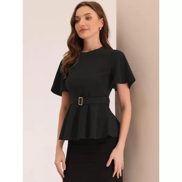 Allegra K Peplum Blouse for Women's Round Neck Bell Sleeve Belted Waist Office Work Tops