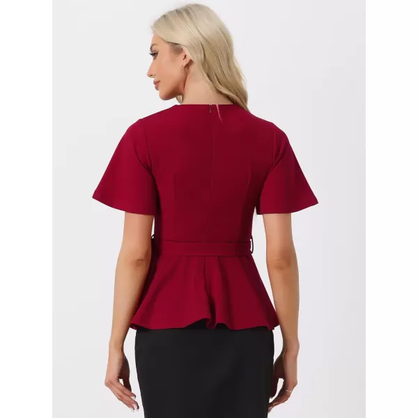 Allegra K Peplum Blouse for Women's Round Neck Bell Sleeve Belted Waist Office Work Tops