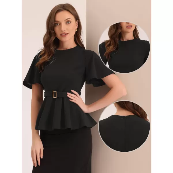 Allegra K Peplum Blouse for Women's Round Neck Bell Sleeve Belted Waist Office Work Tops