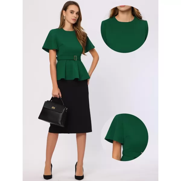 Allegra K Peplum Blouse for Women's Round Neck Bell Sleeve Belted Waist Office Work Tops