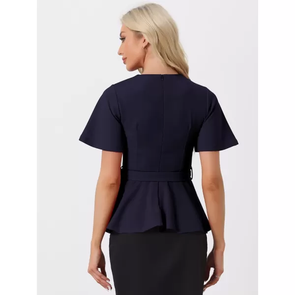 Allegra K Peplum Blouse for Women's Round Neck Bell Sleeve Belted Waist Office Work Tops