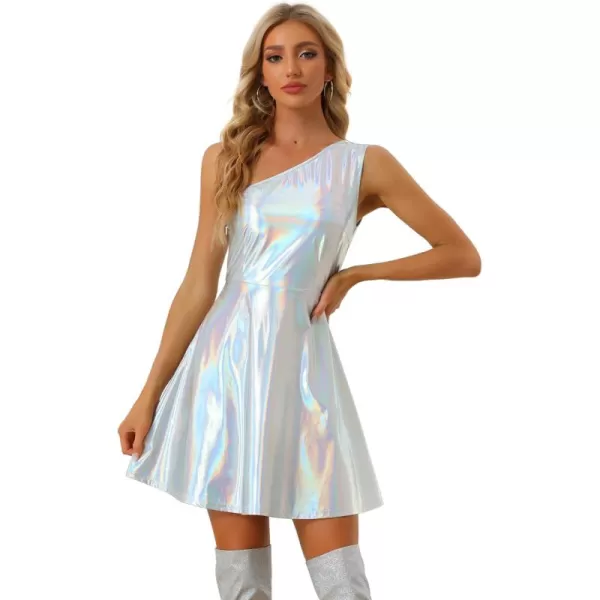 Allegra K Metallic Sparkle Dress for Women's Party Disco One Shoulder Sleeveless Holographic Dresses