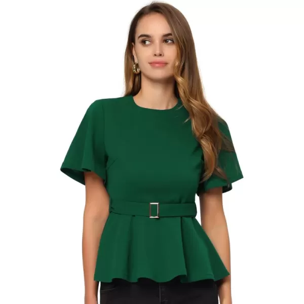 Allegra K Peplum Blouse for Women's Round Neck Bell Sleeve Belted Waist Office Work Tops