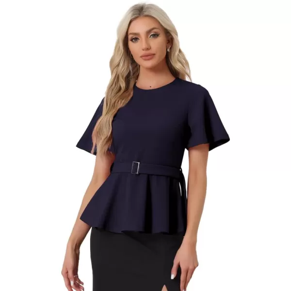 Allegra K Peplum Blouse for Women's Round Neck Bell Sleeve Belted Waist Office Work Tops