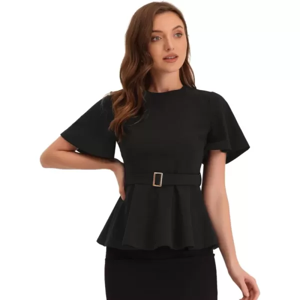 Allegra K Peplum Blouse for Women's Round Neck Bell Sleeve Belted Waist Office Work Tops