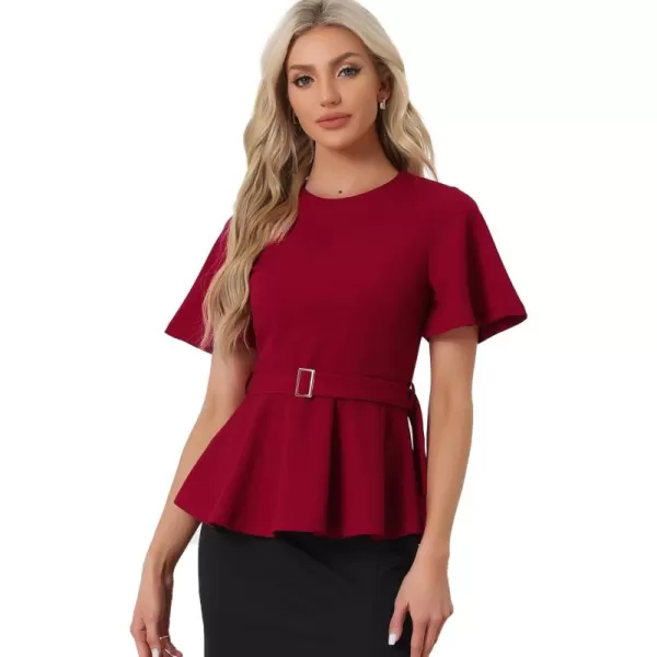 Allegra K Peplum Blouse for Women's Round Neck Bell Sleeve Belted Waist Office Work Tops