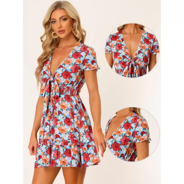 Allegra K Floral Dress for Women's Deep V Neck Tie Knot Smocked Tiered Ruffles Mini Dresses