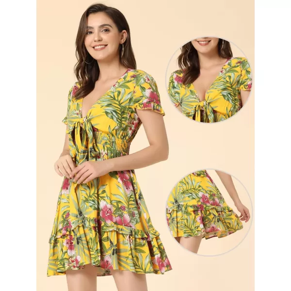 Allegra K Floral Dress for Women's Deep V Neck Tie Knot Smocked Tiered Ruffles Mini Dresses