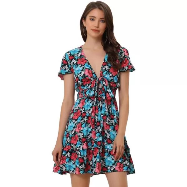 Allegra K Floral Dress for Women's Deep V Neck Tie Knot Smocked Tiered Ruffles Mini Dresses