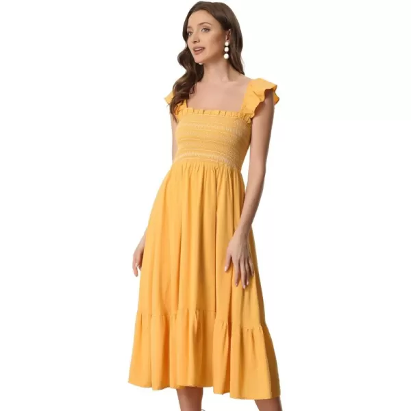 Allegra K Boho Midi Dress for Women's Square Neck Ruffle Tiered Flowy Smocked Sundress