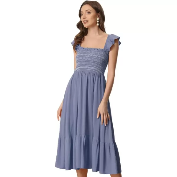 Allegra K Boho Midi Dress for Women's Square Neck Ruffle Tiered Flowy Smocked Sundress