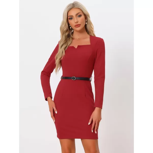 Allegra K Elegant Office Dress for Women's Belted Square Neck Shoulder Pads Bodycon Dress