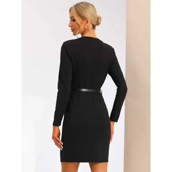 Allegra K Elegant Office Dress for Women's Belted Square Neck Shoulder Pads Bodycon Dress