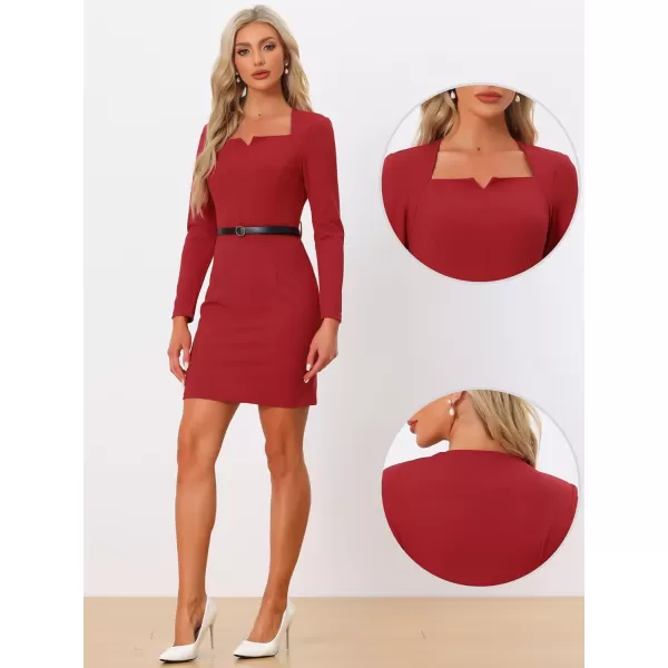 Allegra K Elegant Office Dress for Women's Belted Square Neck Shoulder Pads Bodycon Dress