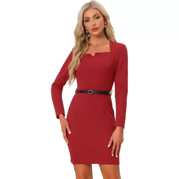 Allegra K Elegant Office Dress for Women's Belted Square Neck Shoulder Pads Bodycon Dress