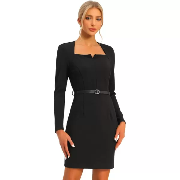 Allegra K Elegant Office Dress for Women's Belted Square Neck Shoulder Pads Bodycon Dress