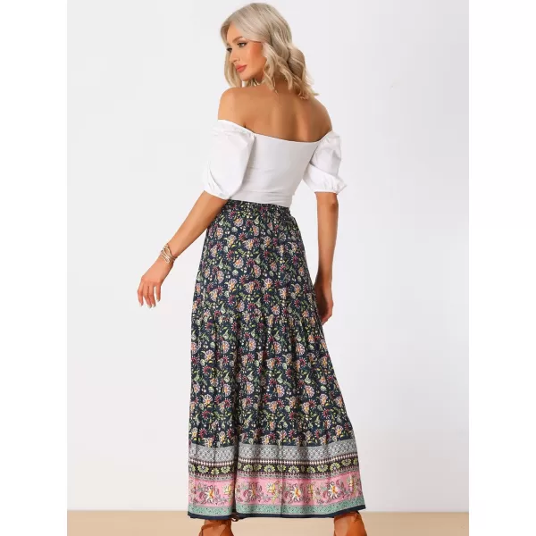 Allegra K Boho Maxi Skirt for Women's 2024 Summer Peasant Floral Printed Elastic Waist A Line Long Skirt