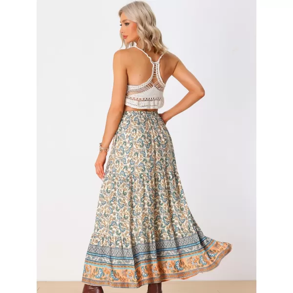 Allegra K Boho Maxi Skirt for Women's 2024 Summer Peasant Floral Printed Elastic Waist A Line Long Skirt