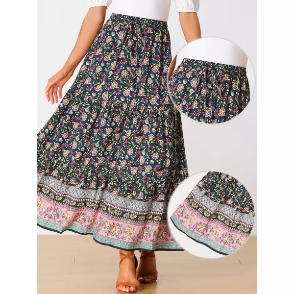 Allegra K Boho Maxi Skirt for Women's 2024 Summer Peasant Floral Printed Elastic Waist A Line Long Skirt