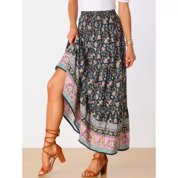 Allegra K Boho Maxi Skirt for Women's 2024 Summer Peasant Floral Printed Elastic Waist A Line Long Skirt