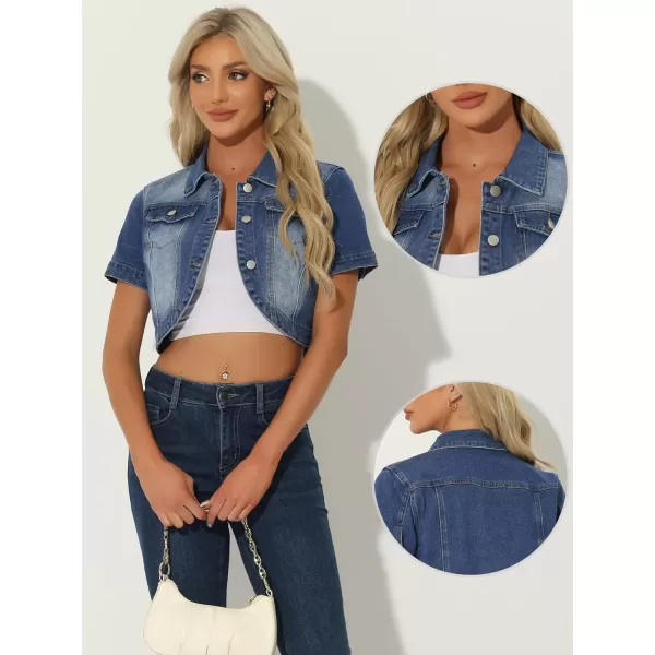 Allegra K Casual Denim Jacket for Women's Turndown Collar Short Sleeves Crop Jean Jackets