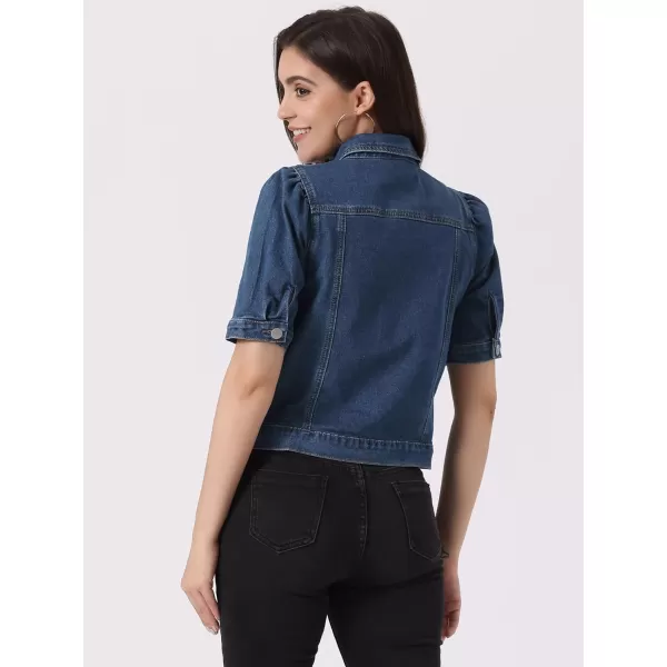 Allegra K Casual Jacket for Women's Short Puff Sleeves Button-Down Jean Denim Jacket