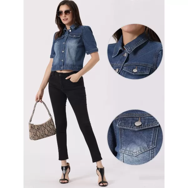 Allegra K Casual Jacket for Women's Short Puff Sleeves Button-Down Jean Denim Jacket