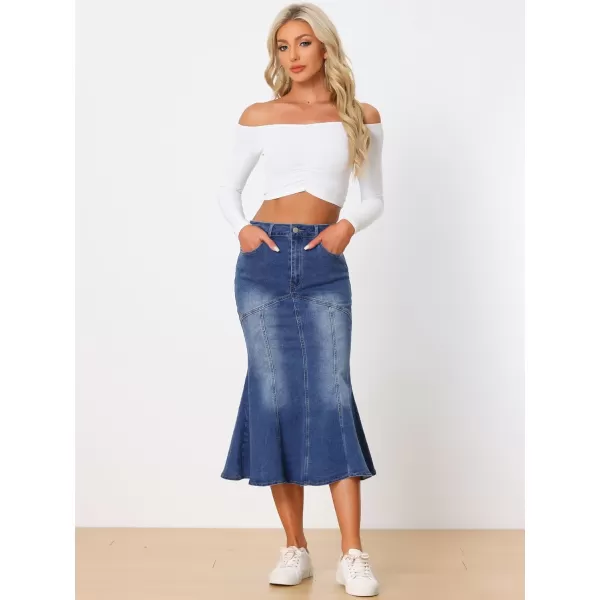 Allegra K Fishtail Denim Skirt for Women's Washed Midi Jean Bodycon Skirt