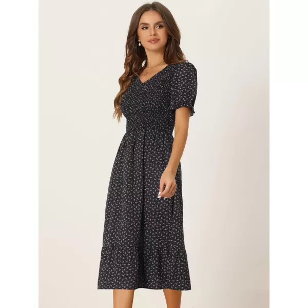 Allegra K Floral Dresses for Women's Smocked Puff Short Sleeves V Neck Ruffled Hem Midi Dress