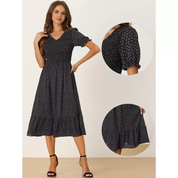 Allegra K Floral Dresses for Women's Smocked Puff Short Sleeves V Neck Ruffled Hem Midi Dress