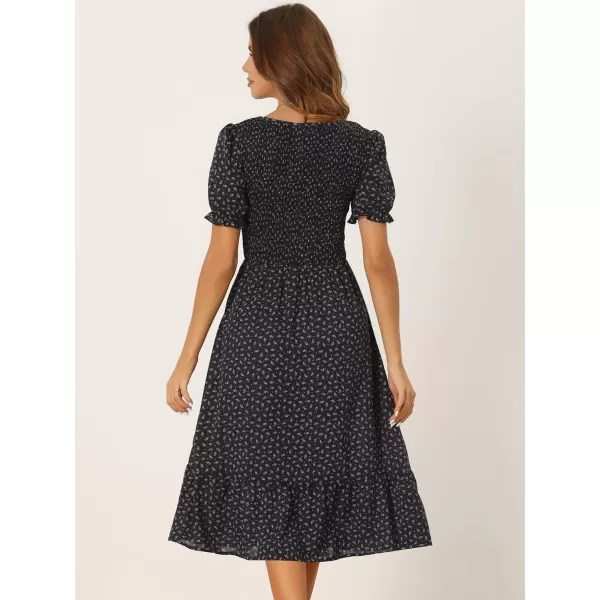 Allegra K Floral Dresses for Women's Smocked Puff Short Sleeves V Neck Ruffled Hem Midi Dress