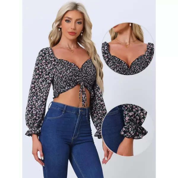 Allegra K Floral Puff Long Sleeve Top for Women's Drawstring Sweetheart Neck Crop Tops