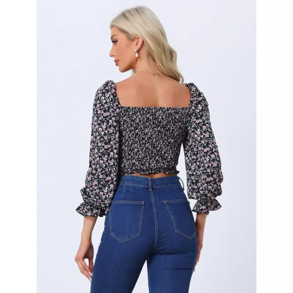 Allegra K Floral Puff Long Sleeve Top for Women's Drawstring Sweetheart Neck Crop Tops