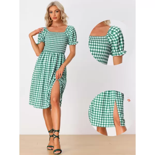 Allegra K Gingham Smocked Dress for Women's Square Neck Side Slit Casual Plaid Dresses