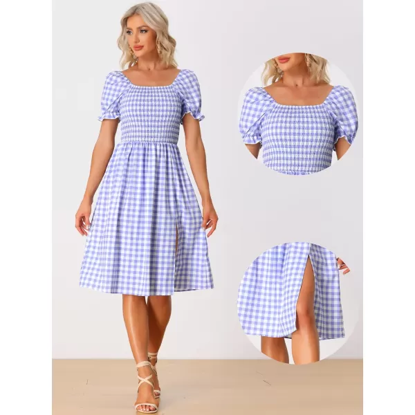 Allegra K Gingham Smocked Dress for Women's Square Neck Side Slit Casual Plaid Dresses