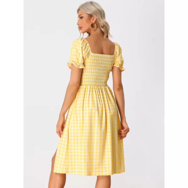 Allegra K Gingham Smocked Dress for Women's Square Neck Side Slit Casual Plaid Dresses