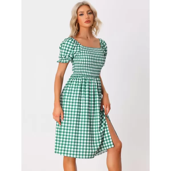 Allegra K Gingham Smocked Dress for Women's Square Neck Side Slit Casual Plaid Dresses