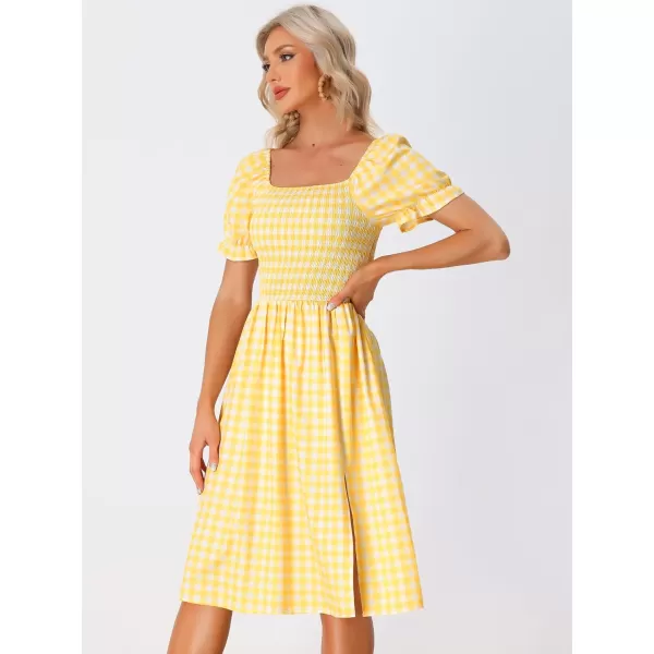 Allegra K Gingham Smocked Dress for Women's Square Neck Side Slit Casual Plaid Dresses