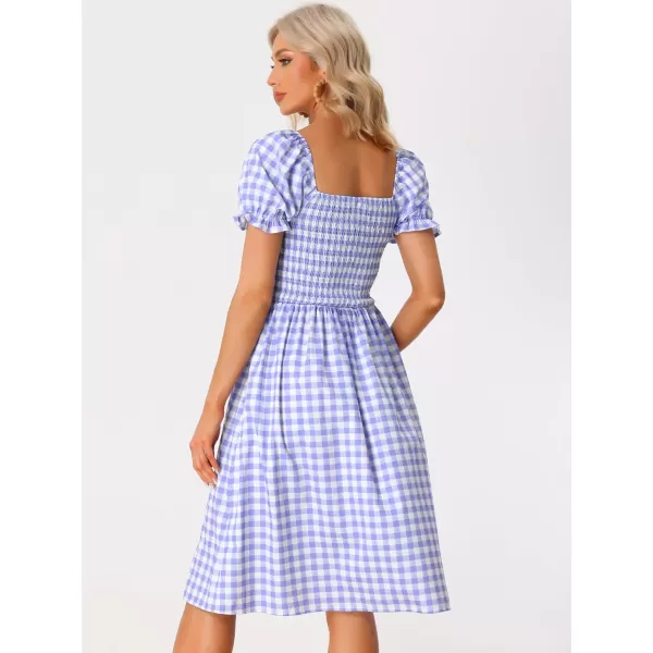 Allegra K Gingham Smocked Dress for Women's Square Neck Side Slit Casual Plaid Dresses