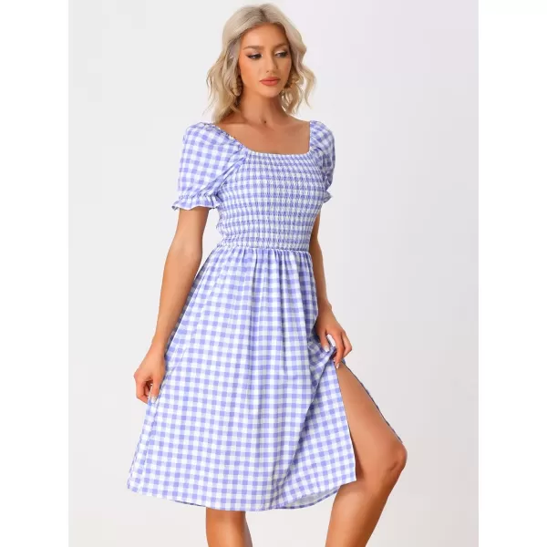 Allegra K Gingham Smocked Dress for Women's Square Neck Side Slit Casual Plaid Dresses