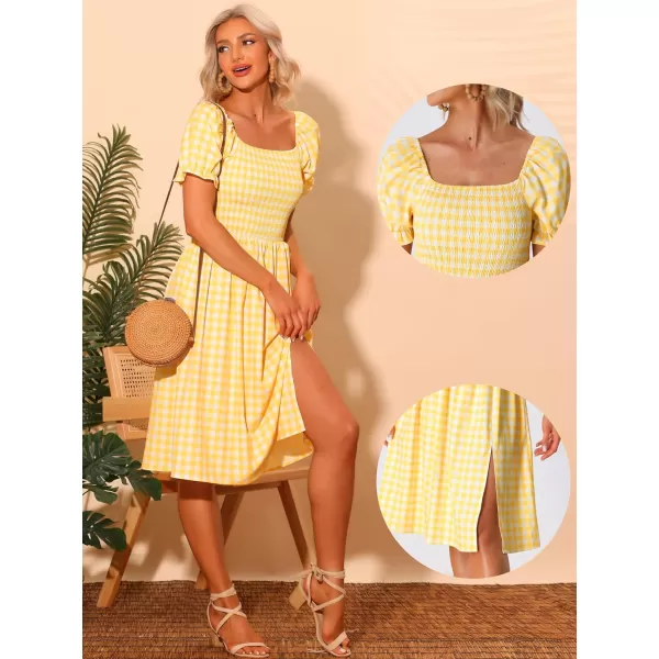 Allegra K Gingham Smocked Dress for Women's Square Neck Side Slit Casual Plaid Dresses