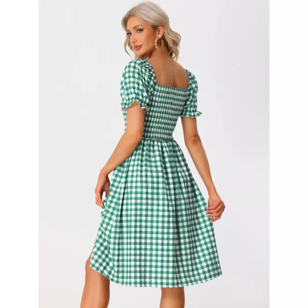 Allegra K Gingham Smocked Dress for Women's Square Neck Side Slit Casual Plaid Dresses